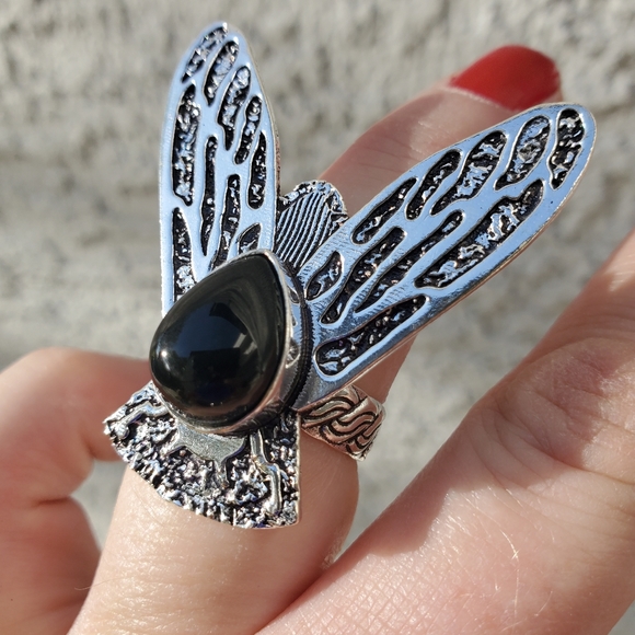 New Black Onyx Flying Insect Silver Ring. - Picture 14 of 15